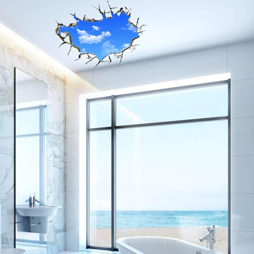 Sunny Broken Wall Hole Art Blue Sky White Cloud Vinyl Mural Stickers for Home Decoration Aesthetic Rooms Roof Ceiling Wallpaper