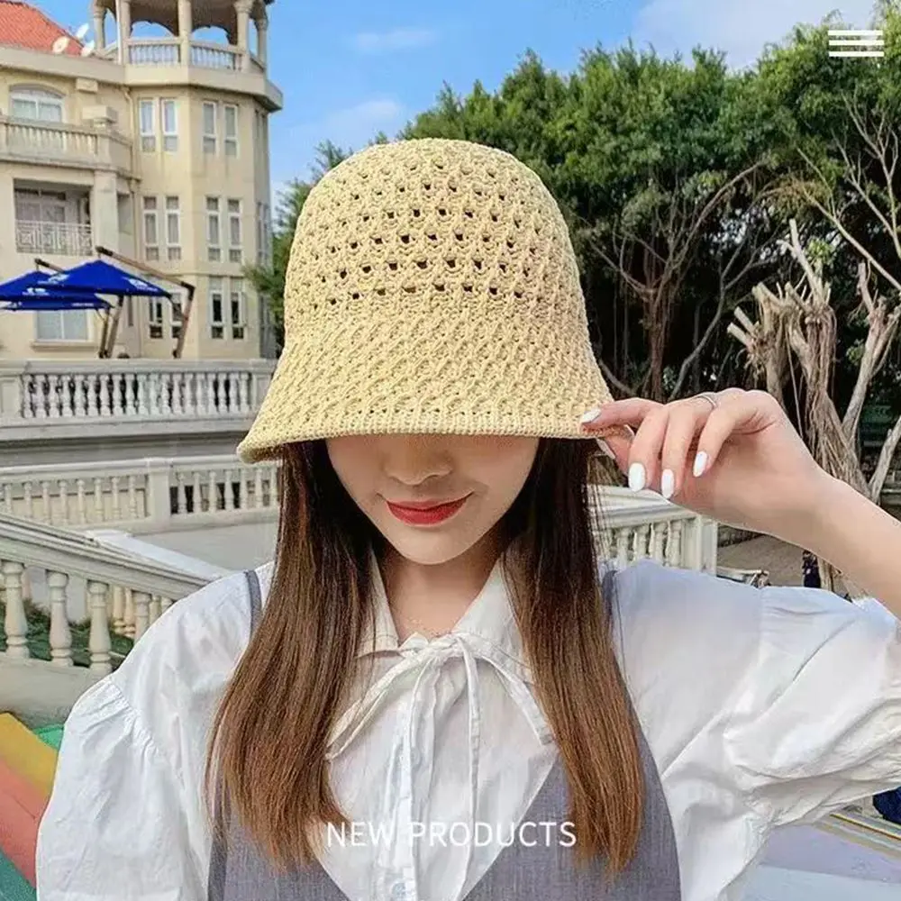 Bucket Hat Spring Summer Hollow Knitted Hat Solid Color Sunhat Fisherman Caps Casual Foldable Beach Cap