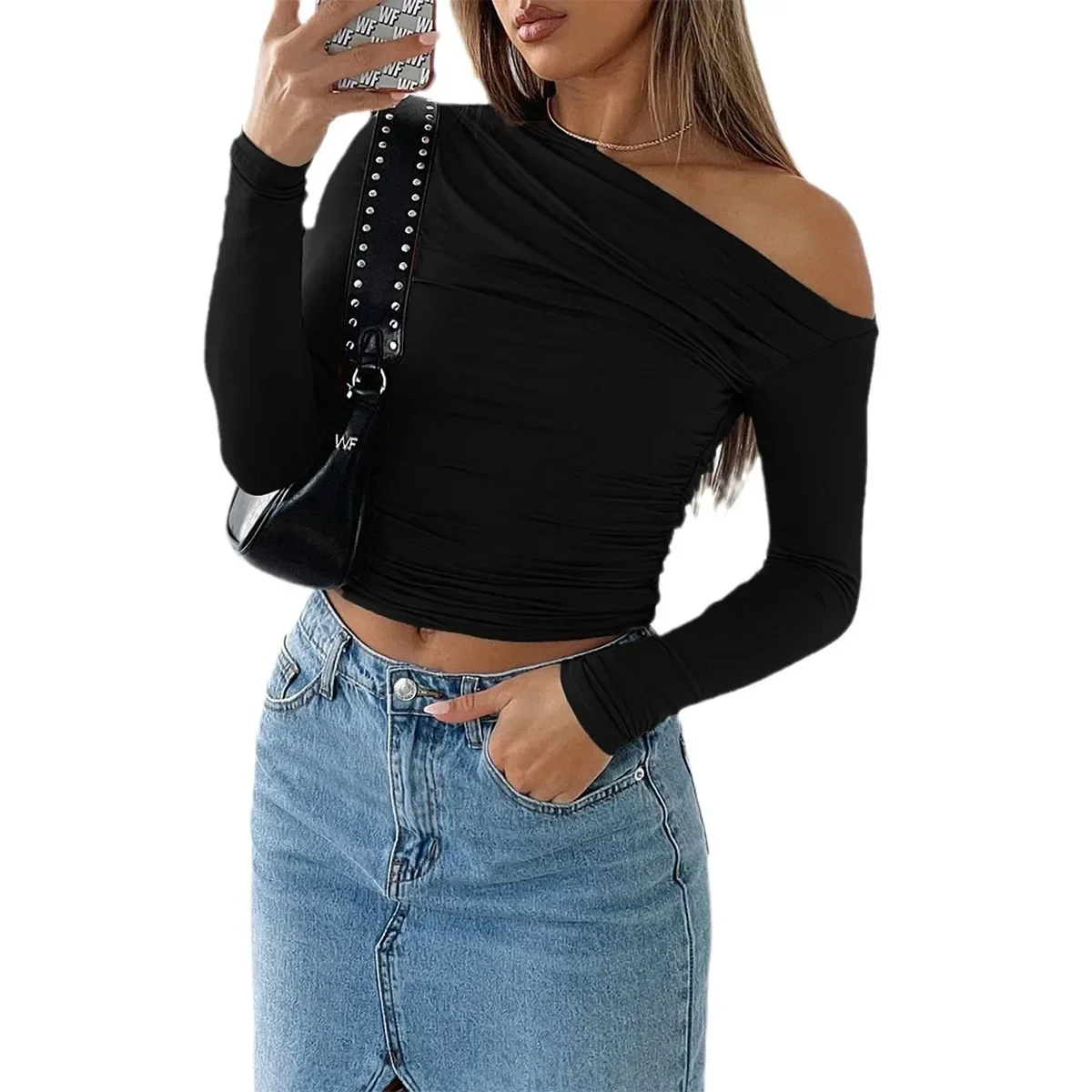 جديد 2025 بلوزات نسائية لربيع وصيف بلوفر نسائي سادة برقبة مائلة قميص نسائي ناعم بأكمام طويلة قميص نسائي أساسي