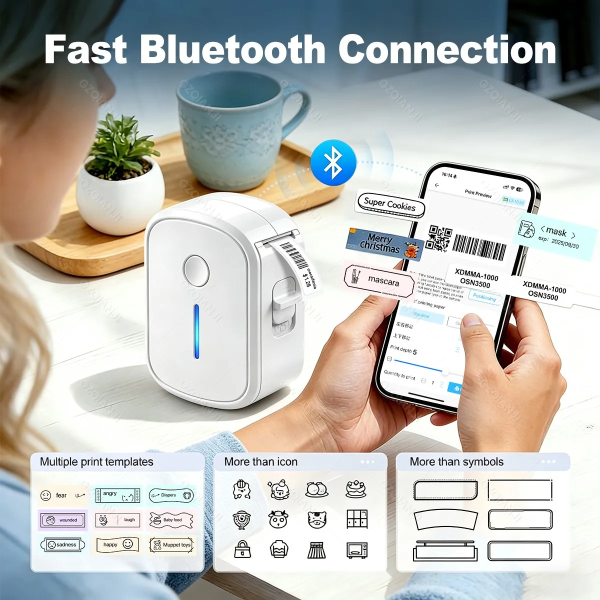 15mm Mini Portable ink free Bluetooth Thermal Label Printer with Sticker Labels and Case Similar to D30 P15 D11 D101 D110 Printe