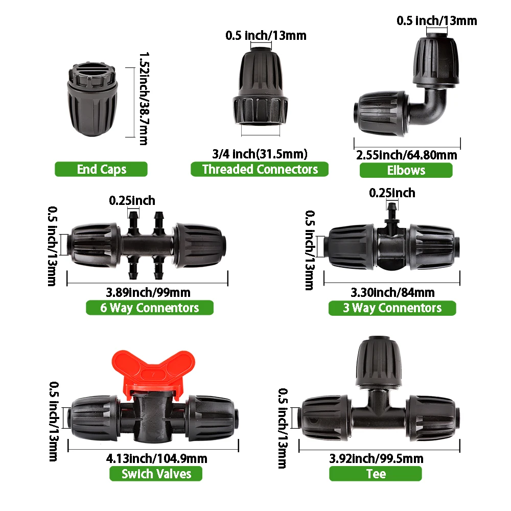 Drip Irrigation PE Tubing Barb Connecters Tee Elbow End Plug ​Joints 1/2 inch Tubing to 1/4 inch Irrigation Fitting