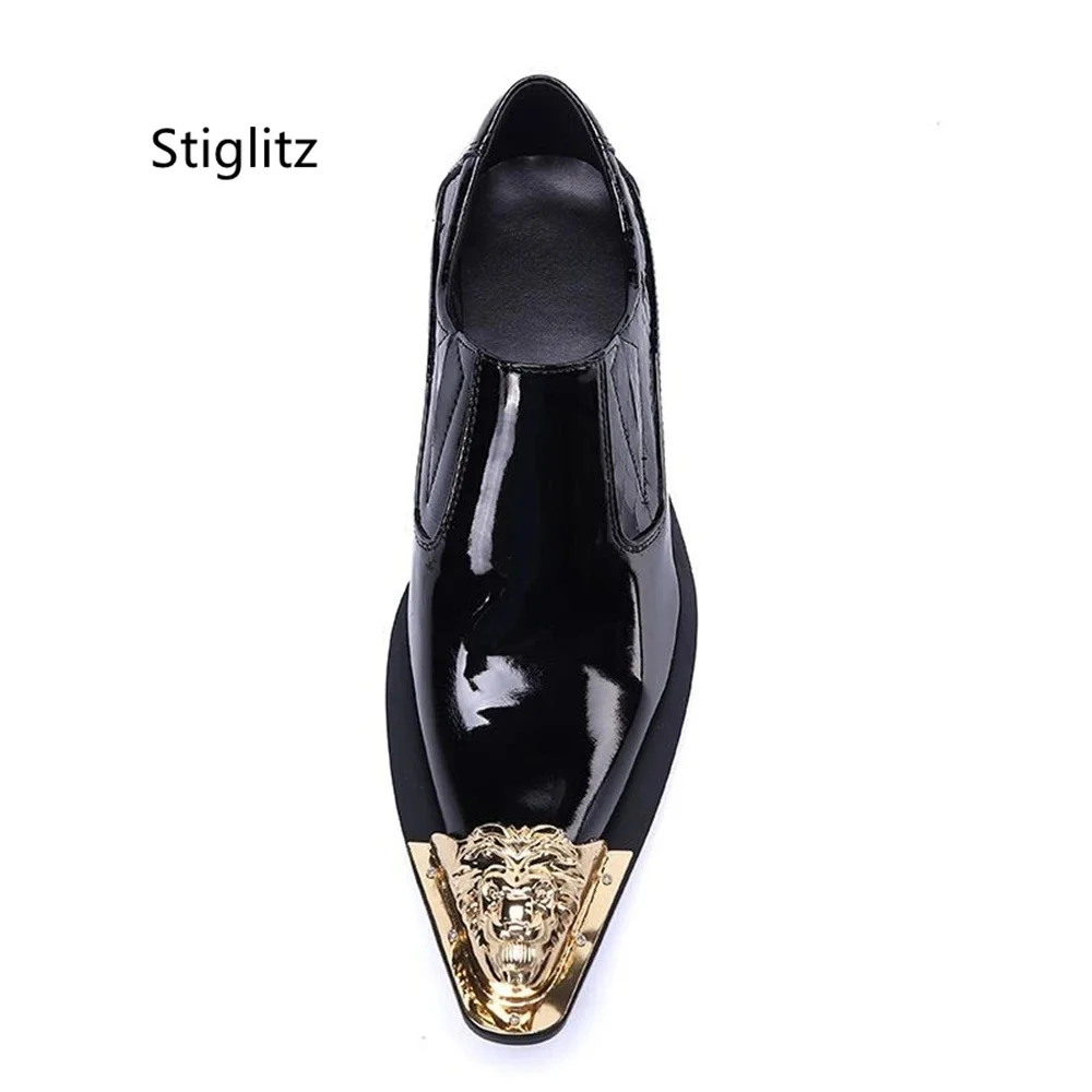 Black Patent Leather Men's Shoes Metal Point Toe Low Heel Slip On Mules High Quality Casual Business Office Wedding Shoes