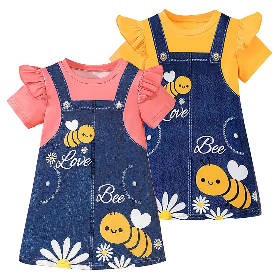 Charming and Comfortable Kids Honeybee Printed Straps Casual Dresses with Round Neck and Flared Sleeves Suitable Everyday Wear