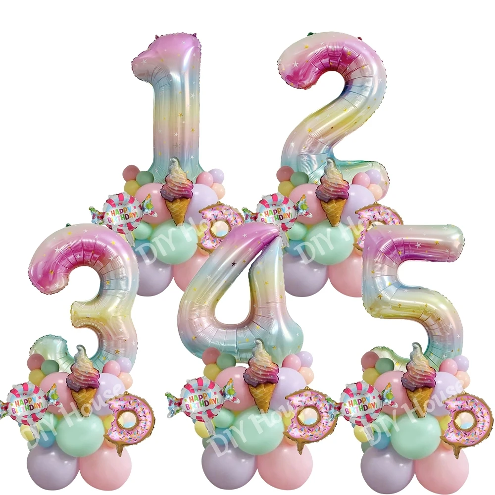 Donut Ice Cream Balloon Tower, Foil Star, Balão Número Arco-íris para Donut da menina, Happy Birthday Party Decorações, DIY Gift, 28pcs