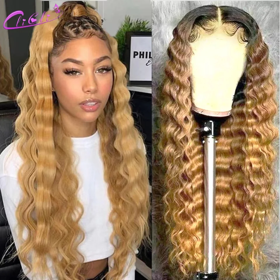 

1B 27 Медово-блондированные парики из натуральных волос с кружевной передней частью для женщин, 13x4, глубокая волна, HD, прозрачные, кудрявые, с цветным кружевным фронталом