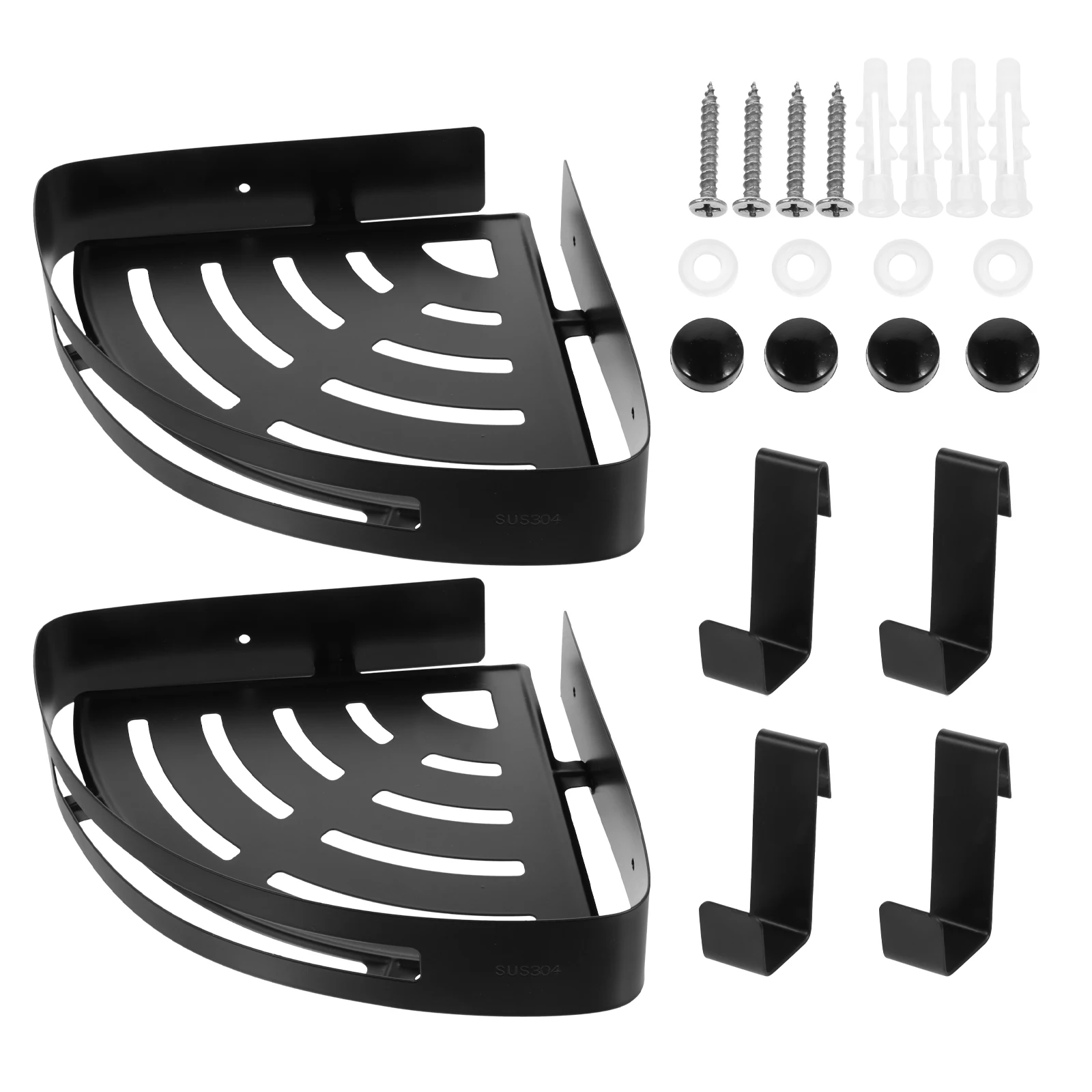 

2pcs Stainless Steel Bathroom Shelf Wall Mounted Corner Organizer with Hooks for Shower Kitchen Storage Rack Black