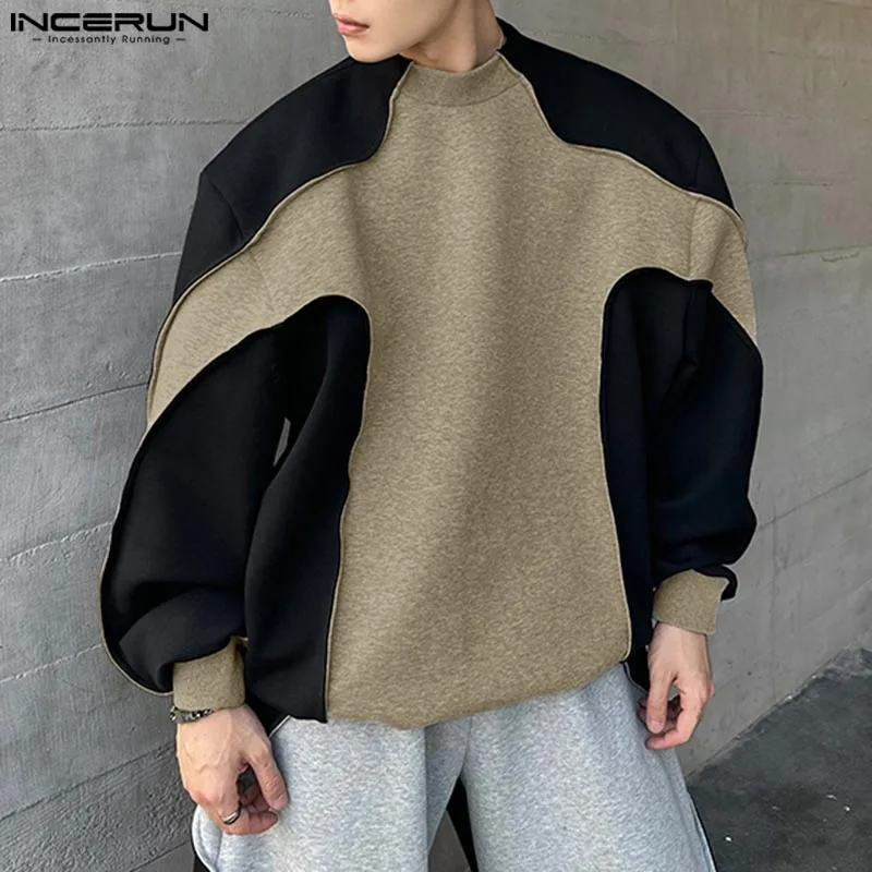 INCERUN Tops 2024 Fashion Men Contrast Deconstruction Design Sweaters Casual Streetwear Male O-neck Long Sleeved Pullovers S-5XL