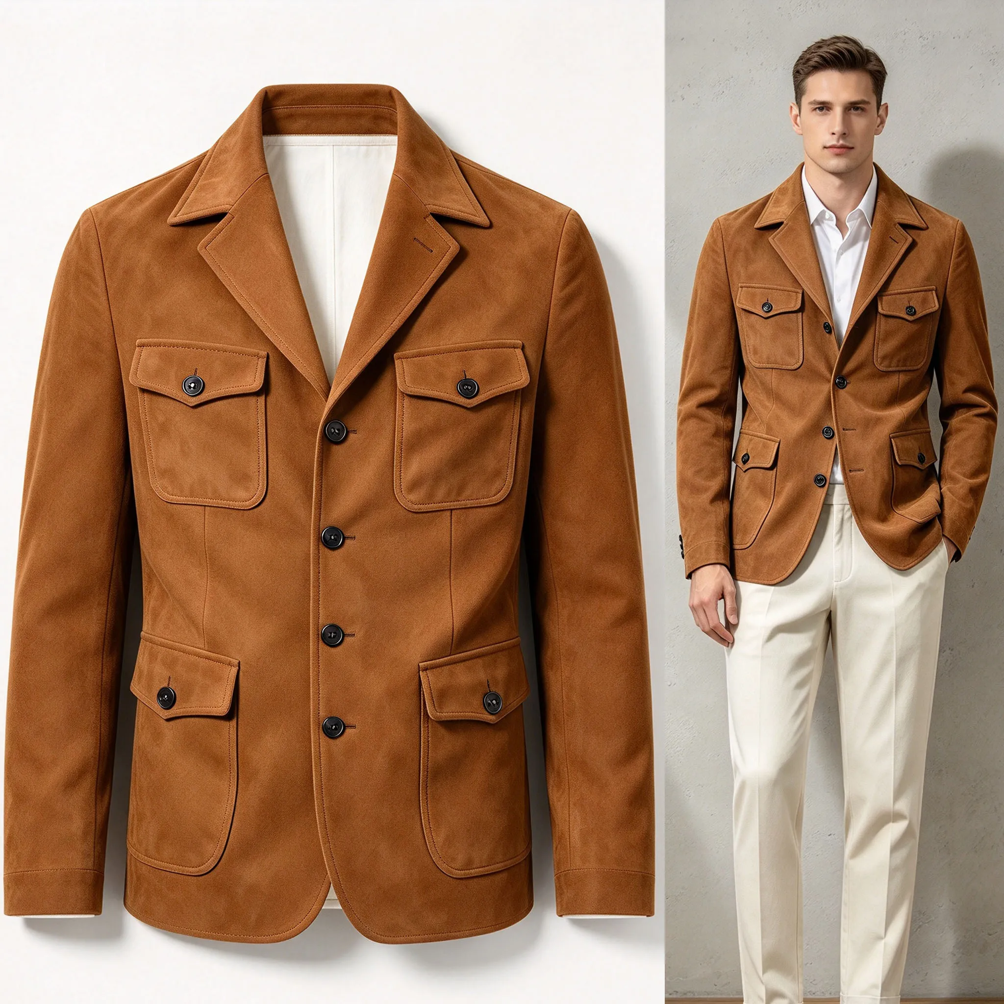 Men's Suede Vintage Hunting Blazer Regular Fit 4 Flap Pockets Suit Jacket Western Safari Casual Sport Coat for Autumn Winter