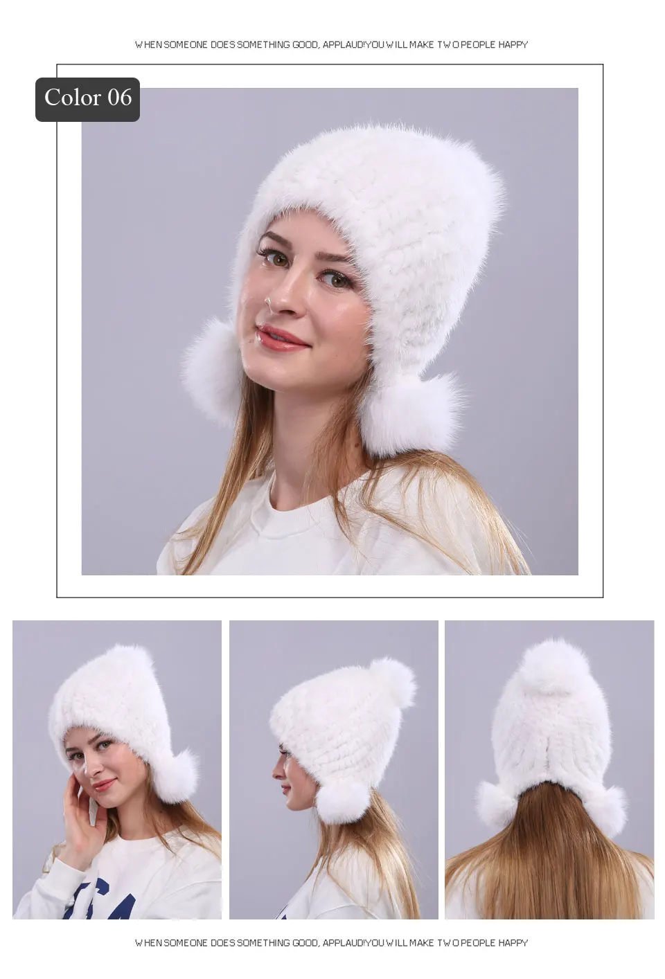 Echte Nerz Pelzmütze mit Fuchspelz Ball Ohrenschützer Schutzkappe Wintermütze für Frauen Russische Trapper Herbstmütze Beanie Herbstmütze – Detail 9
