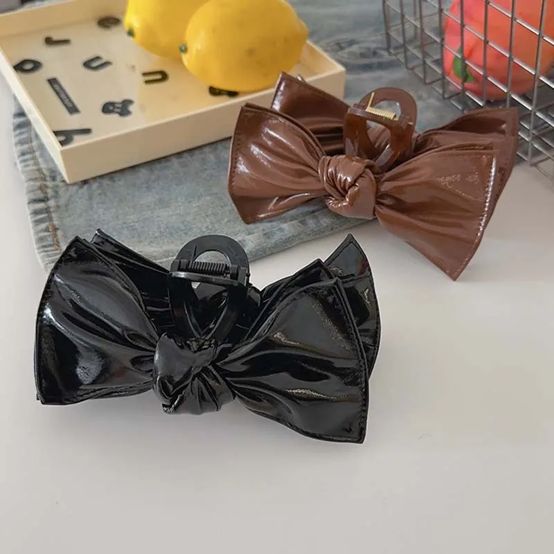 French Retro Imitation Leather Large Double Layer Bow Claw Clip Sweet All-Matching Hair Claw Back Head Updo Ponytail Clip Female