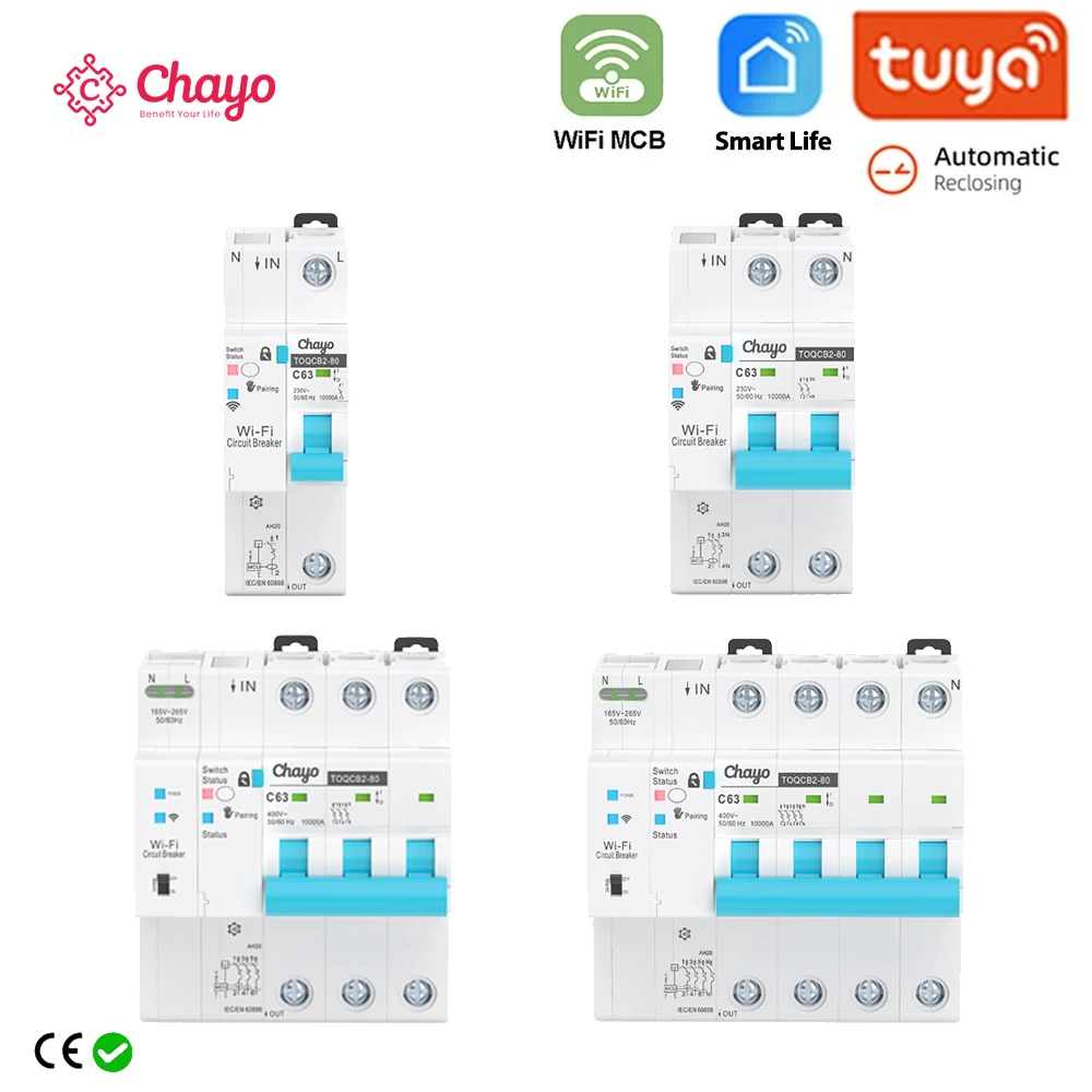Chayo Tuya WiFi Smart MCB Circuit Breaker 1-63A, Adjustable Overload Short Circuit Protection, Smart Life APP Remote Control