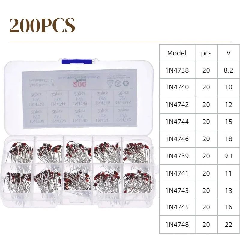 200Pcs 10 Values 1W Voltage Stabilizing Diode Kit 1N4738 1N4740 1N4742 1N4744 1N4746 1N4739 1N4741 1N4743 1N4745 1N4748