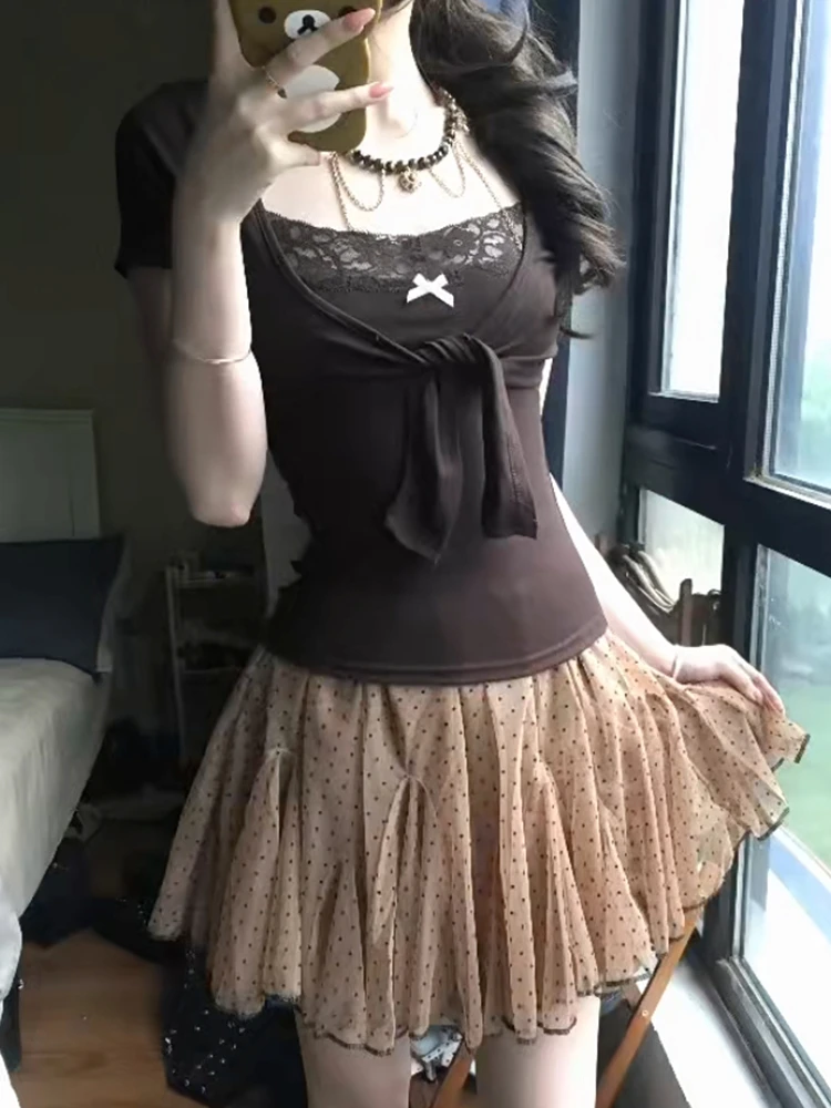 Genayooa Japanese Y2k Two Pieces Tops Women Short Sleeve Lace Patchwork Camis + Lace Up Smock Fairycore 2000s Tee Tops E-girls