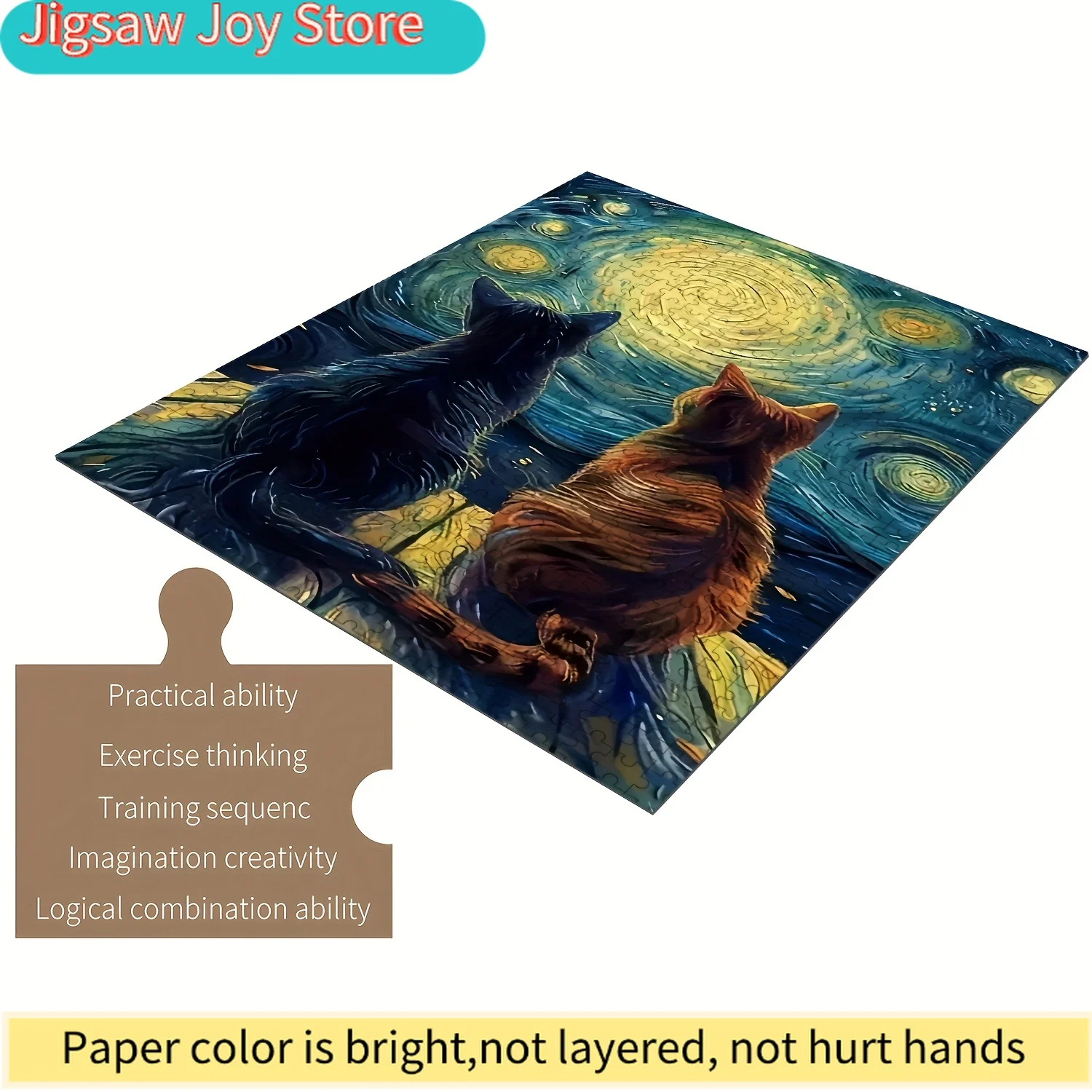 

Пазл для всей семьи - «Звездная ночь» Ван Гога с двумя кошками, дизайн «Звездная ночь», деревянные элементы пазла, идеально подходят для сборки.