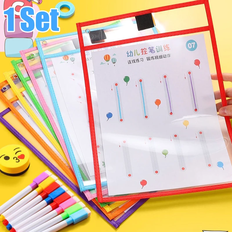 Kids Sheets Dry Erase Pocket With Pen Protectors Sleeves Reusable Clear Organizer Bags Wallet Folders A4 for Teaching Supplies