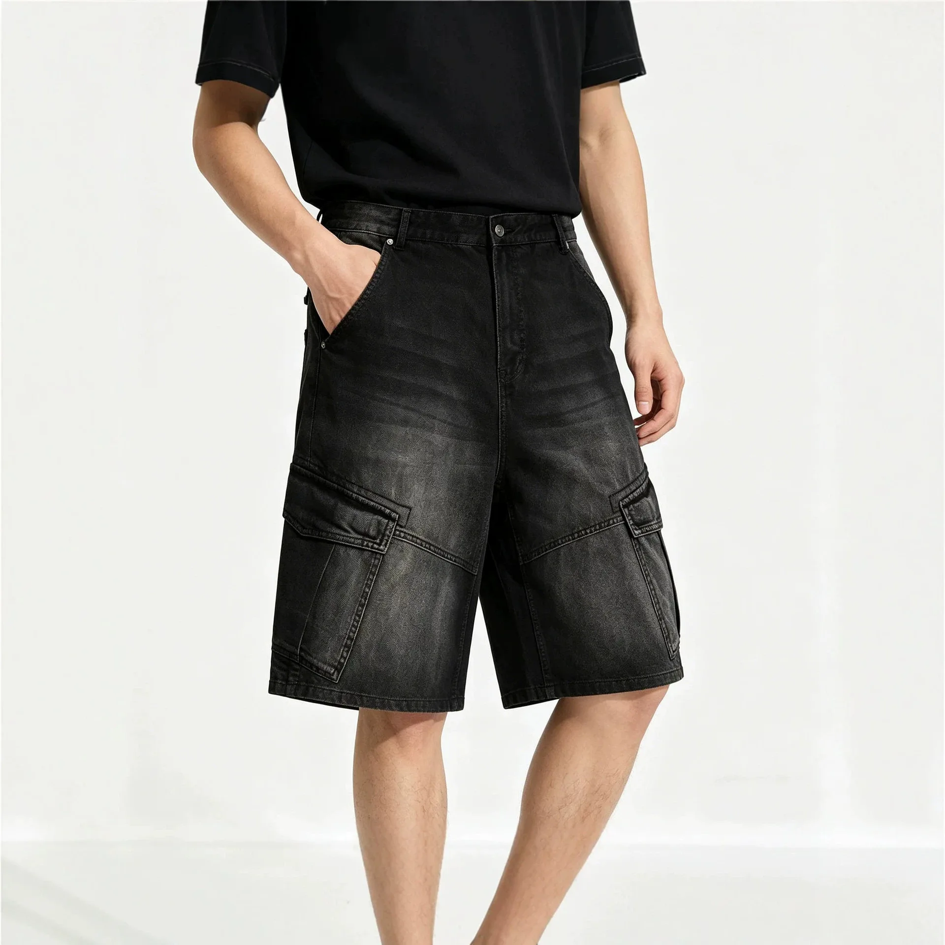 Men Solid Color Multi Pockets Simple Basic Casual Trendy Daily Straight Knee Length Denim Shorts Male European American Clothes