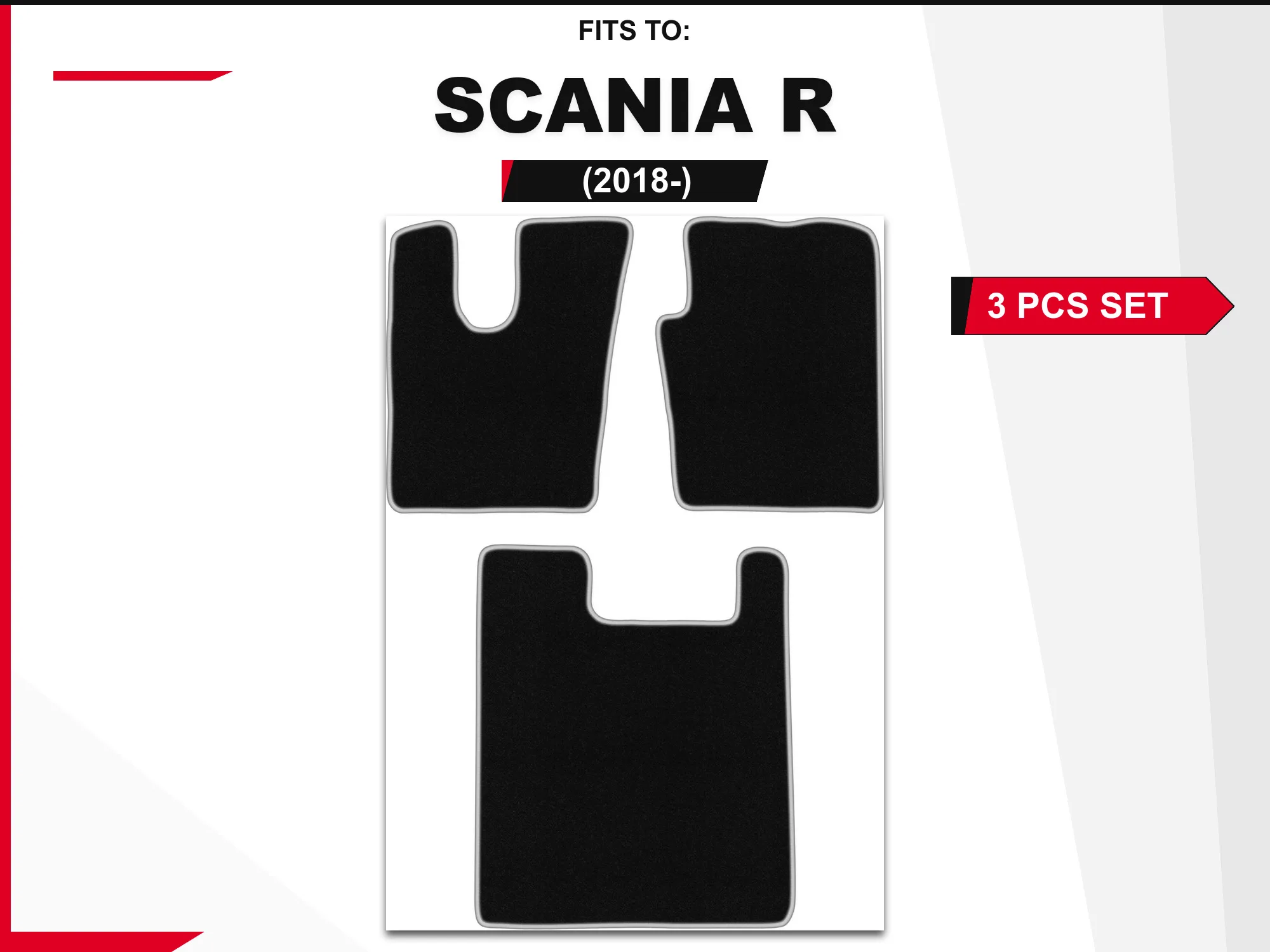 Velours vloermatten voor: Scania R 2018-, 3 stuks. Zwart-zilveren passende autovloermatten, set