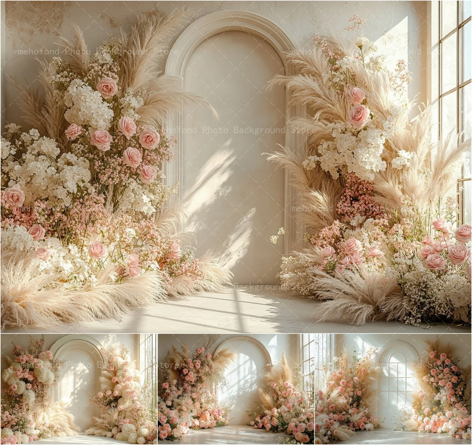 Mehofond Photography Background Minimalist Design With White Walls Arched Flowers Sunshine Kids Family Portrait Backdrop Decor