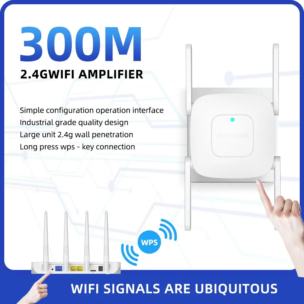 Wireless WiFi Range Extender, Signal Booster, Repetidor, Amplificador, PIX-LINK-WR41Q, 300M