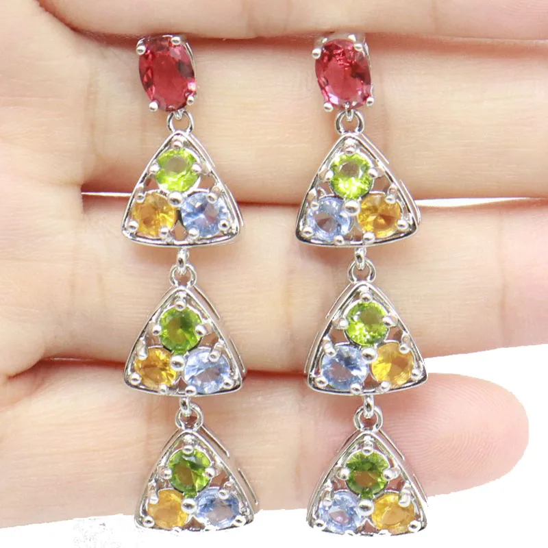 

42x11mm Multi Color Green Tsavorite Garnet Tourmaline Peridot Citrine Violet Tanzanite White CZ Wedding Silver Earrings