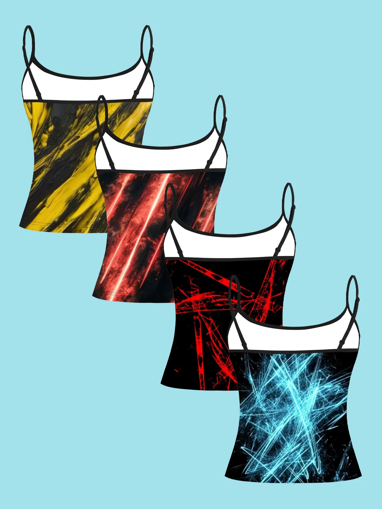 4-Piece Set of Artistic Graffiti Line Print Camisoles for Women, Color-Blocking Abstract Fluid Thin Strap Slim-Fit Inner Tops
