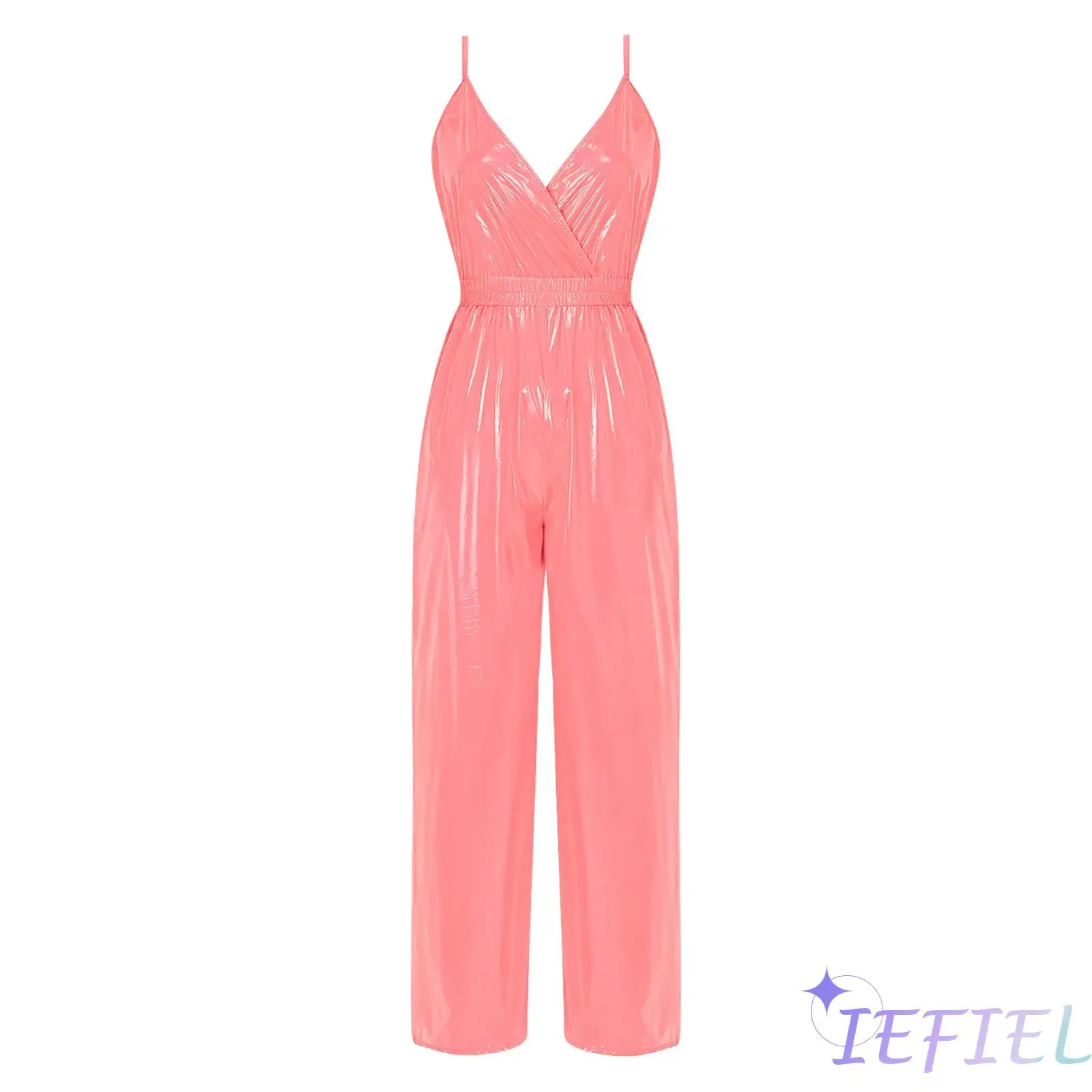 Women Glossy Waterproof Jumpsuit Wrap V Neck Backless Elastic Waist Straight Wide Leg Pants One Piece Rompers Clubwear