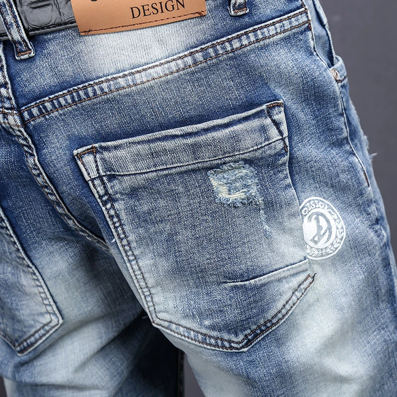 2024summer new thin ripped denim shorts MEN'S FASHION vintage print fashion elastic slim fit nostalgic pirate shorts