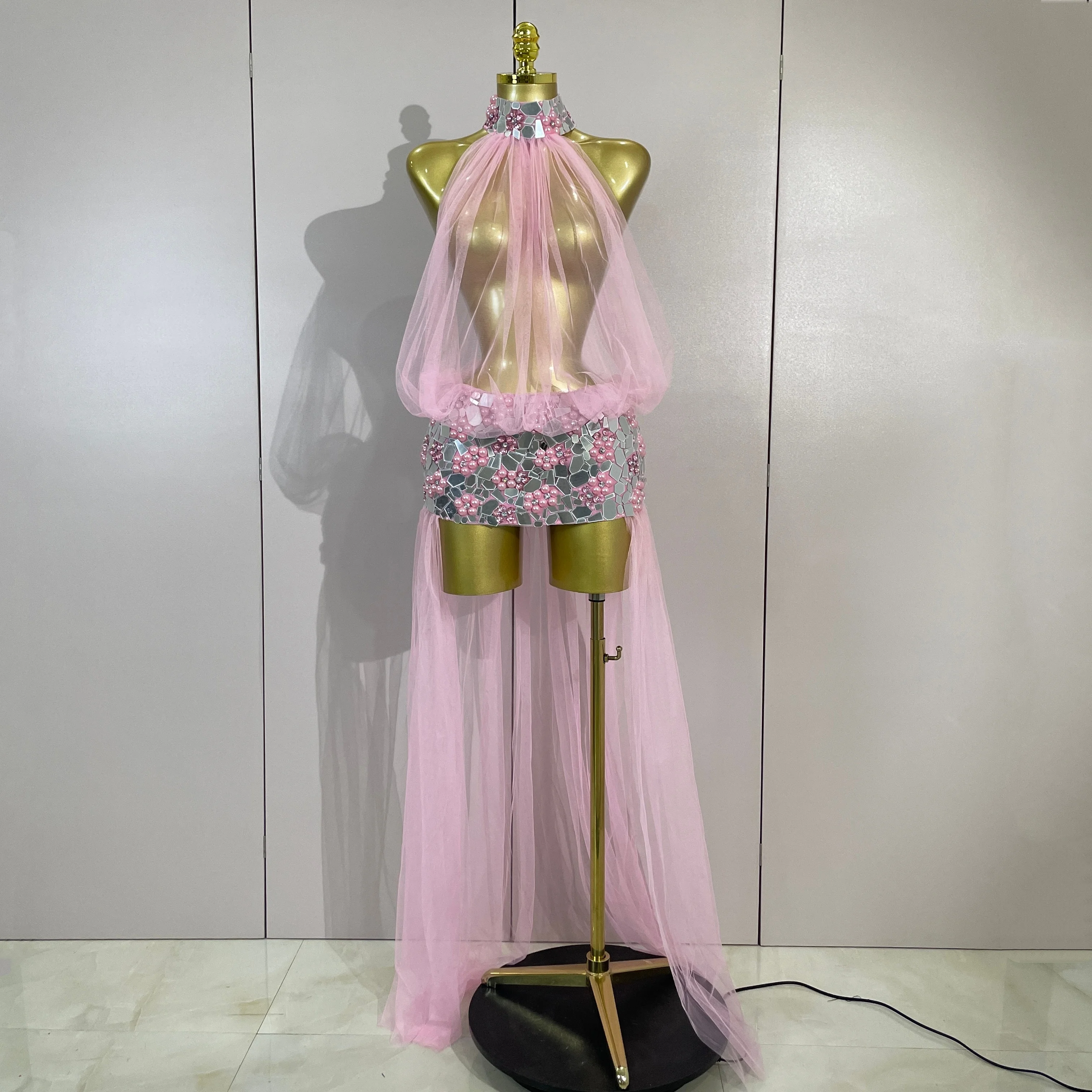 Robe longue scintillante en maille miroir avec perles et diamants, transparente, sexy, pour femme, soirée, anniversaire, danseuse, boîte de nuit, costumes de scène