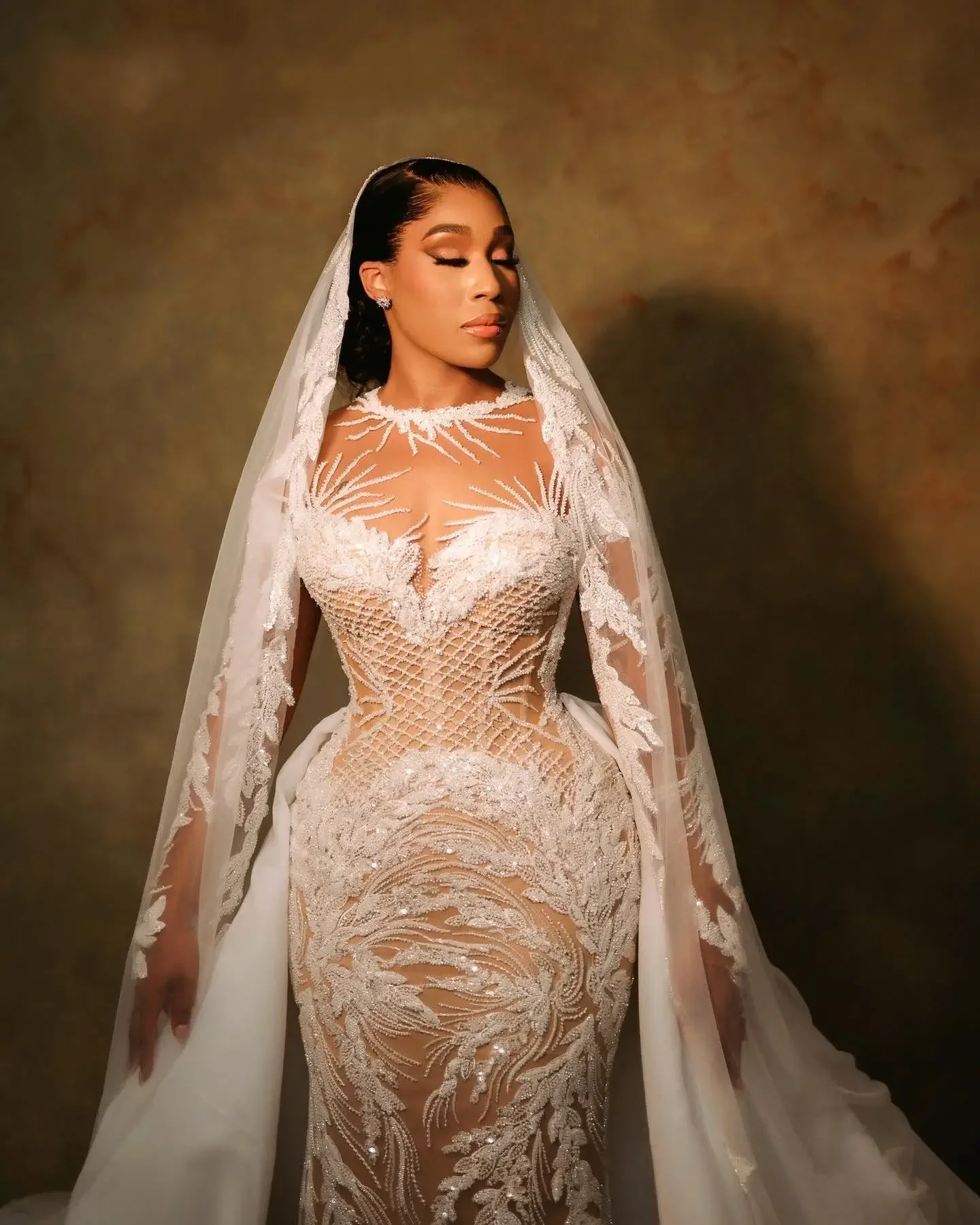 Customized Arabic Aso Ebi Plus Size Illusion Mermaid Ivory Wedding Dress Beaded Sequined Lace Bridal Gowns Dresses