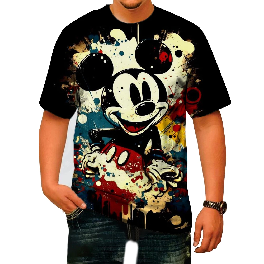 Cotton Black T-shirt For Men Disney Mickey Mouse Pattern Women's T-shirt Anime Tops Summer Fashion Couples Section Short-Sleeved