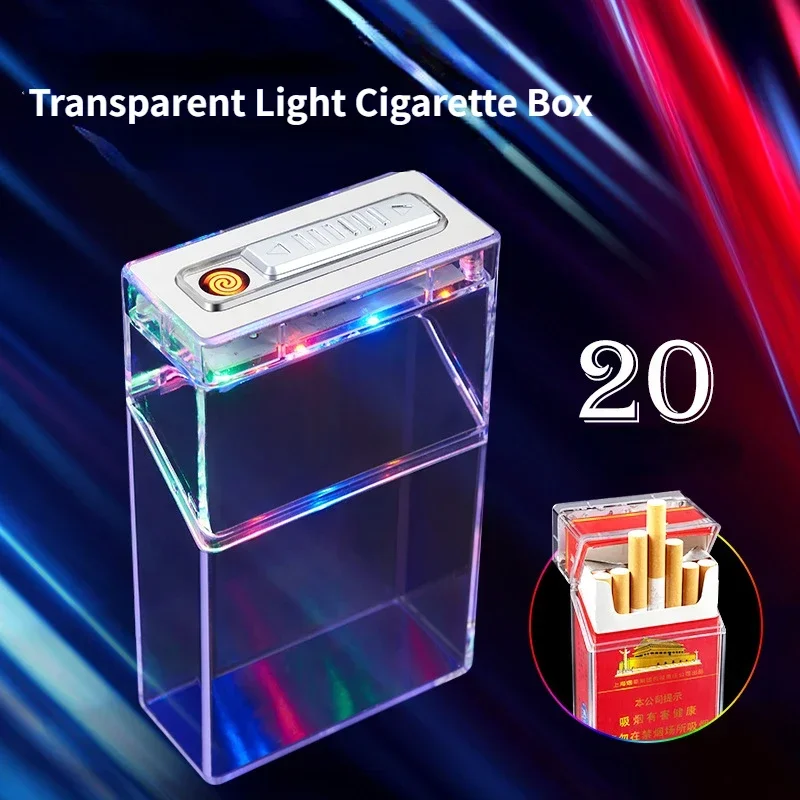 

New Creative Transparent Cigarette Box with Windproof Cigarette Lighter 20 Standard Cigarettes Electric Lighter Men's Gadget