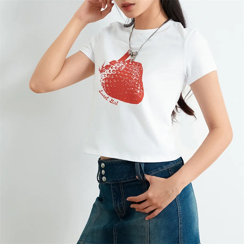 Atasan Crop motif buah Y2k wanita, pakaian jalanan estetika lucu gadis remaja kaus ramping leher Crew lengan pendek