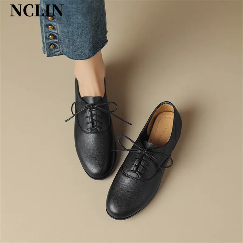 

New Genuine Leather Lace Loafers Spring/Autumn Round Toe Chunky Heel Women Pumps Shoes For Women Ladies Shoes Comfort Low Heels