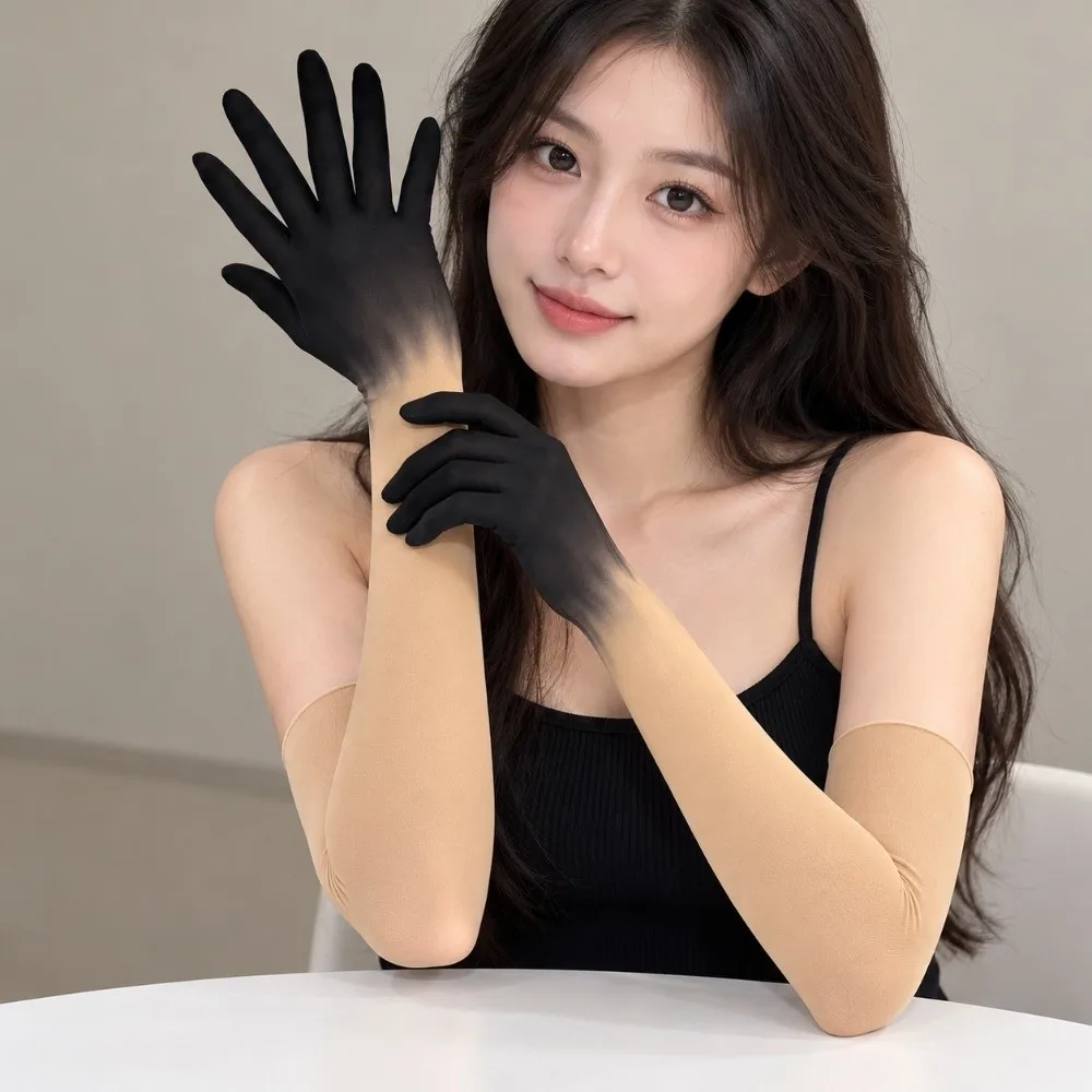 Ultra-thin Gradient Color Gloves Elbow Transparent Sunscreen Mittens Sheer Tulle Sun Protection Mesh Full Finger Gloves Female