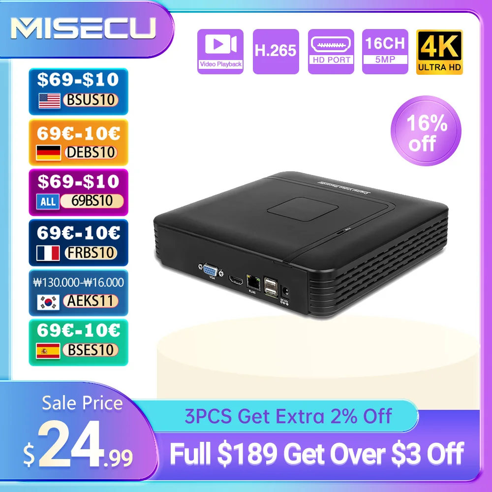 

MISECU H.265+ Mini NVR 16CH 8MP 4K/5M/4M/3M/1080P Output for IP Security Camera Kit Video Recorder Motion Detection P2P Onvif