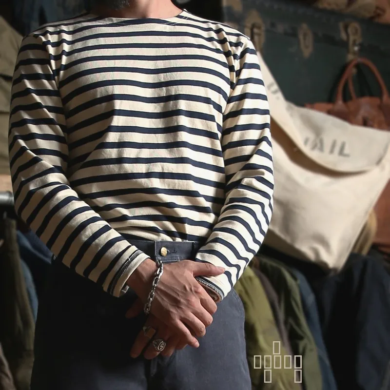 

Red Bronson Men's Long Sve T-irt Nautical Stripe Boat Ne Heavyweight Base Layer irt Trendy Vintage Youth Faion