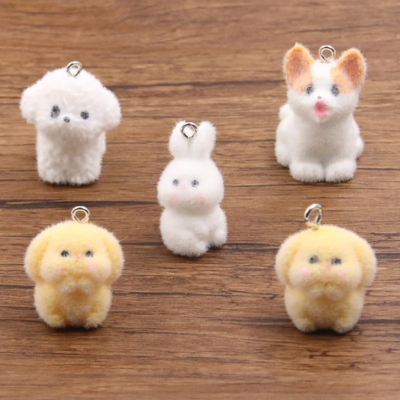 2Pcs 4 Styles Mix Pet Dog Rabbit Flocking Resin Charms Diy Findings 3D Keychain Bracelets Earrings Pendant For Jewelry Making