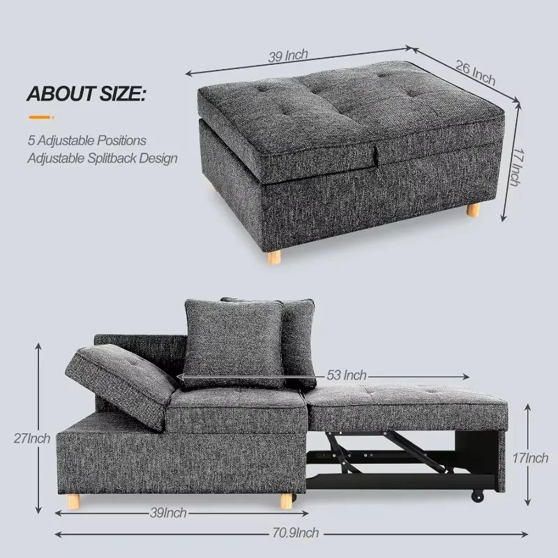 Sofa Bed 4-in-1 Convertible Sofas & Couches, 3-Seat Linen Fabric loveseat Sofa with 2 Throw Pillow, Black