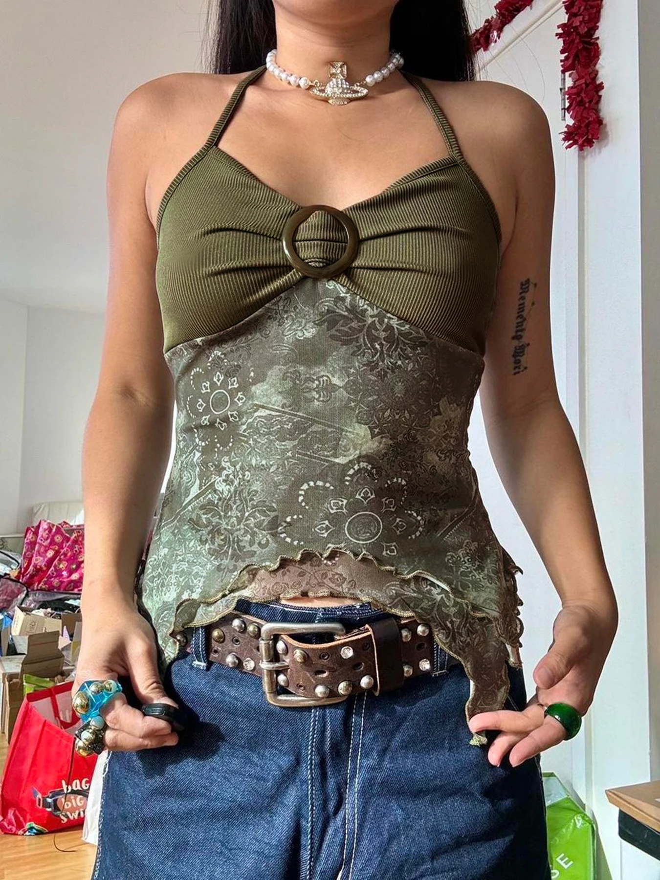 Rockmore Boho Vintage Print Mesh Patchwork Crop Top Women V Neck Camis Y2K Streetwear Female Coquette Aesthetic Clothes 2024 image 4