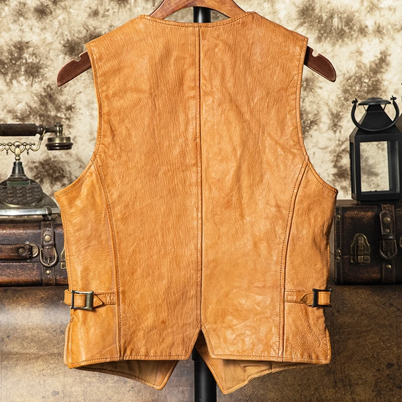 Tangerine Yellow Spring Leather Vest Men Casual Style Plus Size 4XL Natural Sheepskin Slim Fit Short Genuine Leather Vest