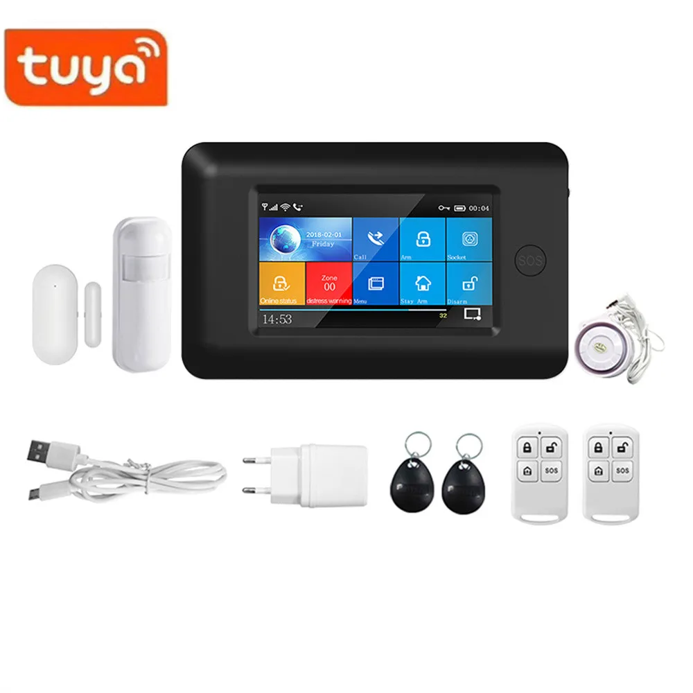 

4.3Inch IPS Screen Tuya APP WIFI 4G/GSM Alarm System Touch Keypad Burglar Alarm Kit PIR Detector Motion Sensor