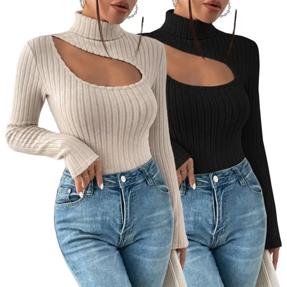 Fall Winter Women Top Hollow Out High Collar Long Sleeve Striped Knitted Elastic Slim Pullover Bottoming Sweater