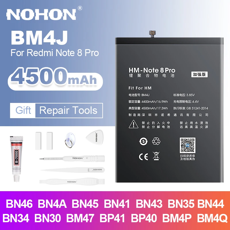 Nohon BM4J Phone Battery for Xiaomi Redmi Note 8 Pro 9 10 11 7 BN4A for POCO X3 F3 BM56 Bateria for Redmi K40 K30 K20 Pro