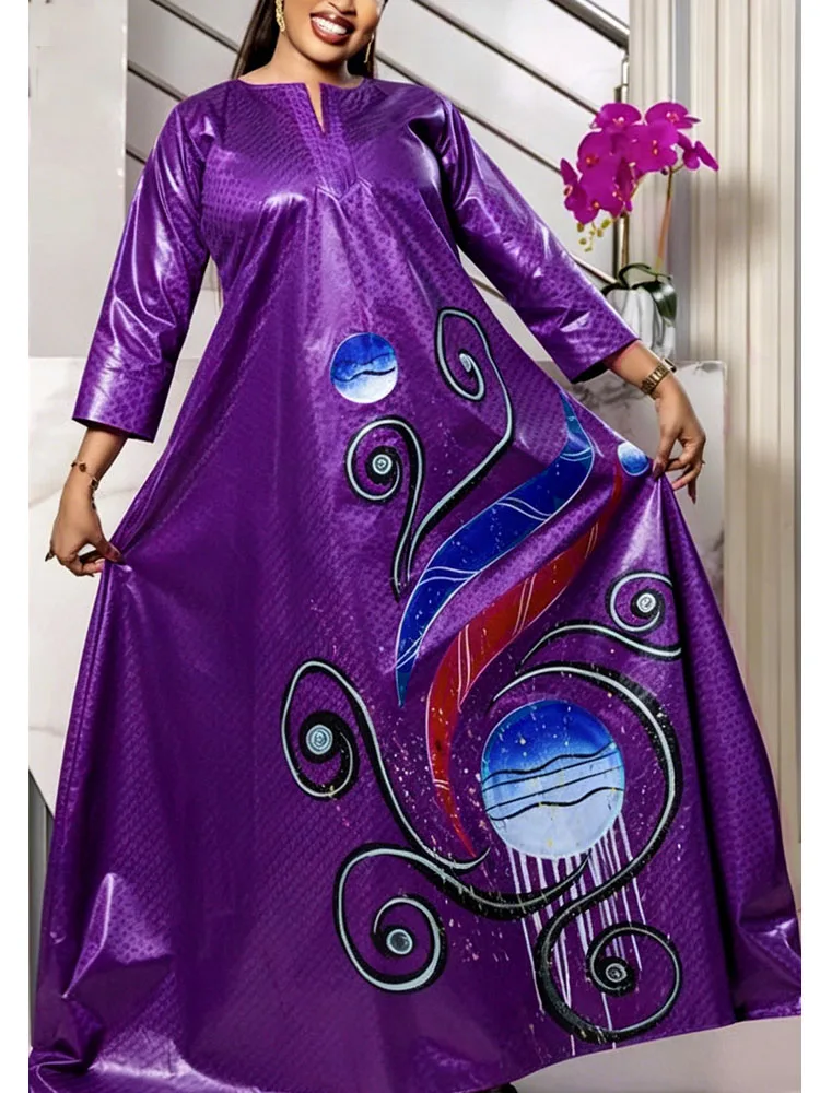 Luxury African Print Long Dress Bazin Fabric Custom Fit for Christmas Gala Dinner Church Celebration