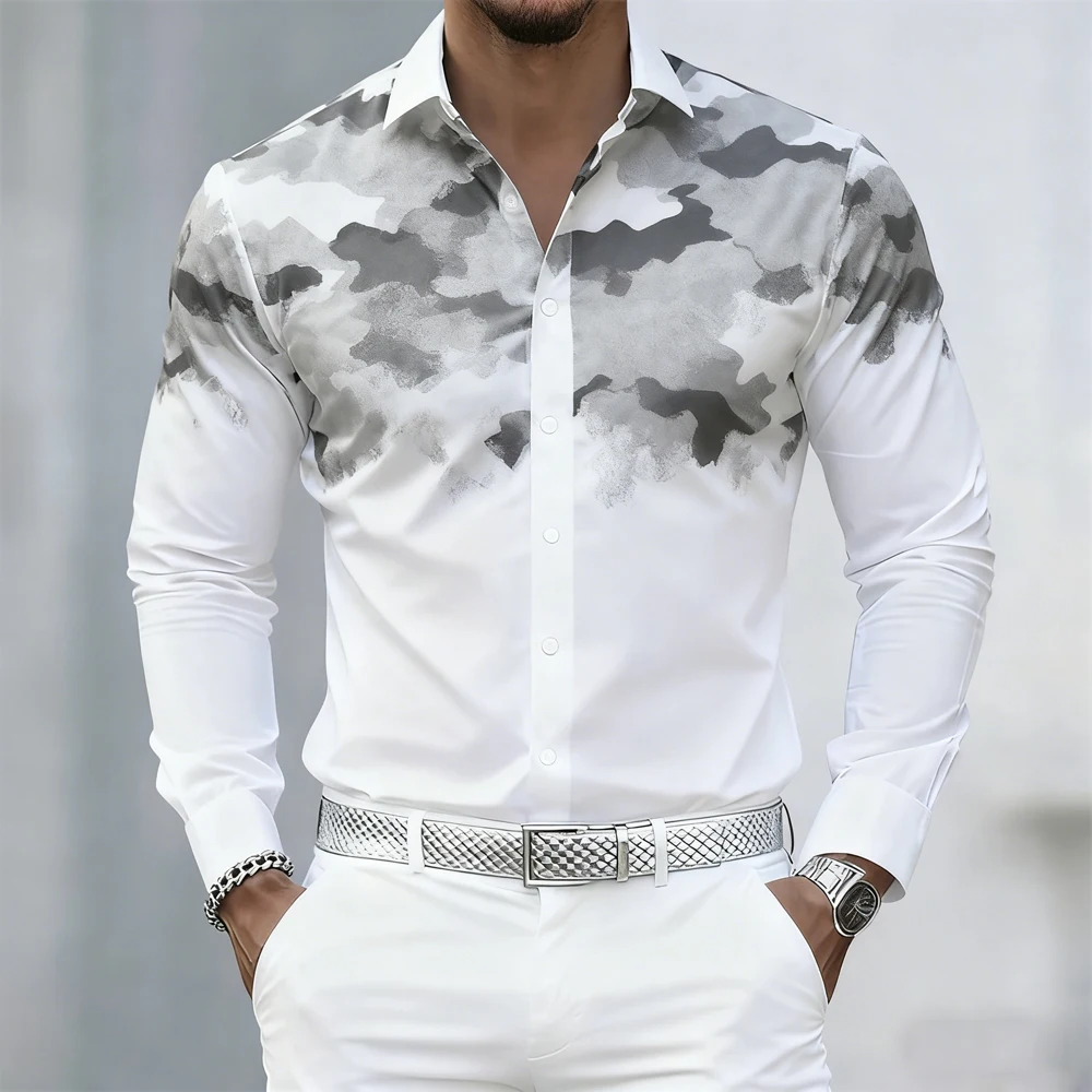 

Men's New Light Color High-end 3D Printed Shirt Street Casual Party Breathable Lapel Button Hawaiian Long-sleeved Shirt Men's