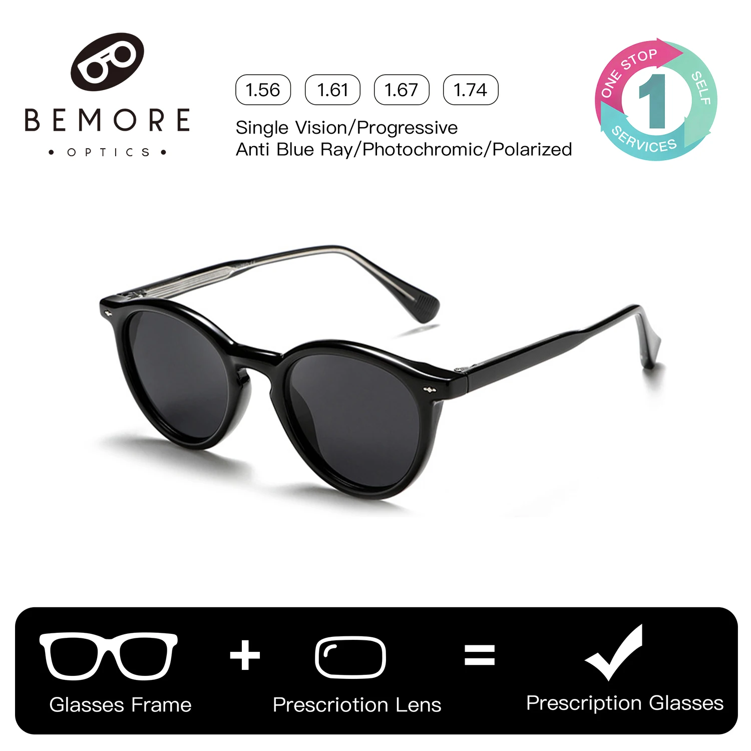 

BEMORE Round Prescription Sunglasses Acetate Polarized UV400 Womens Designer Reading Eyewear Shadow Sun Glasses