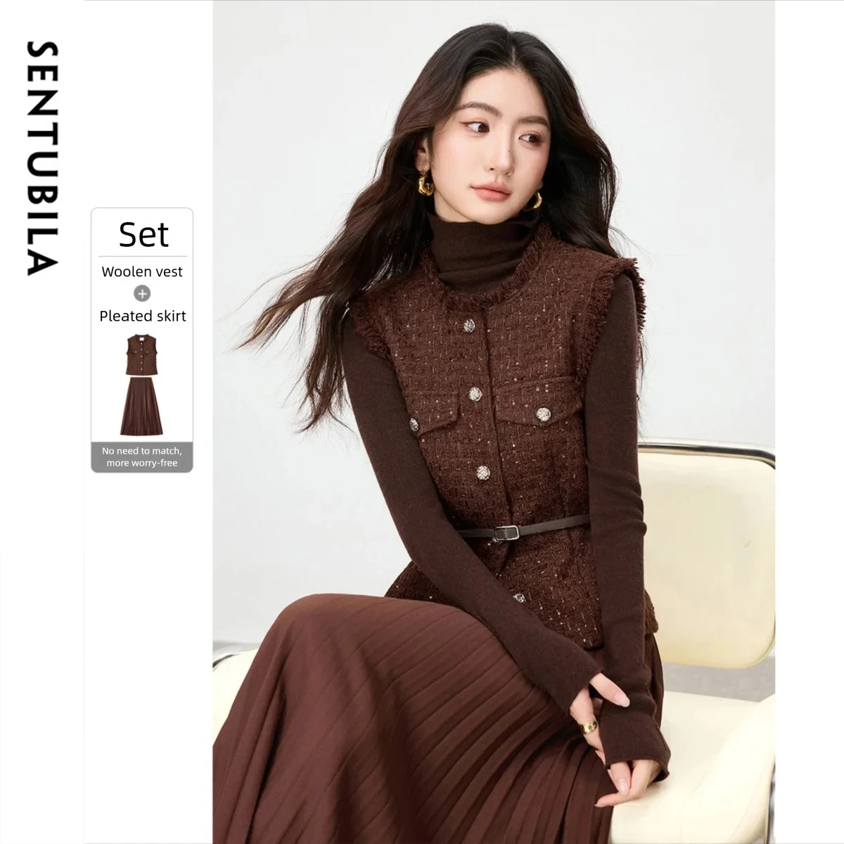 SENTUBILA Set coordinato gratuito da donna 2025 autunno gilet in tweed e gonna a trapezio in vita elastica set casual da ufficio a due pezzi ﻿ 154ZA3673