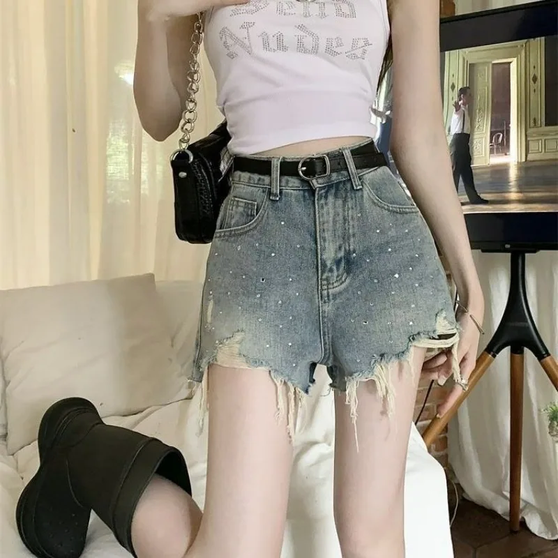 

Women's Denim Shorts High Waist Ripped with Rhinestones Sequin Blue Female Short Jeans Pants Designer Fashion Clothing 2024 Kpop