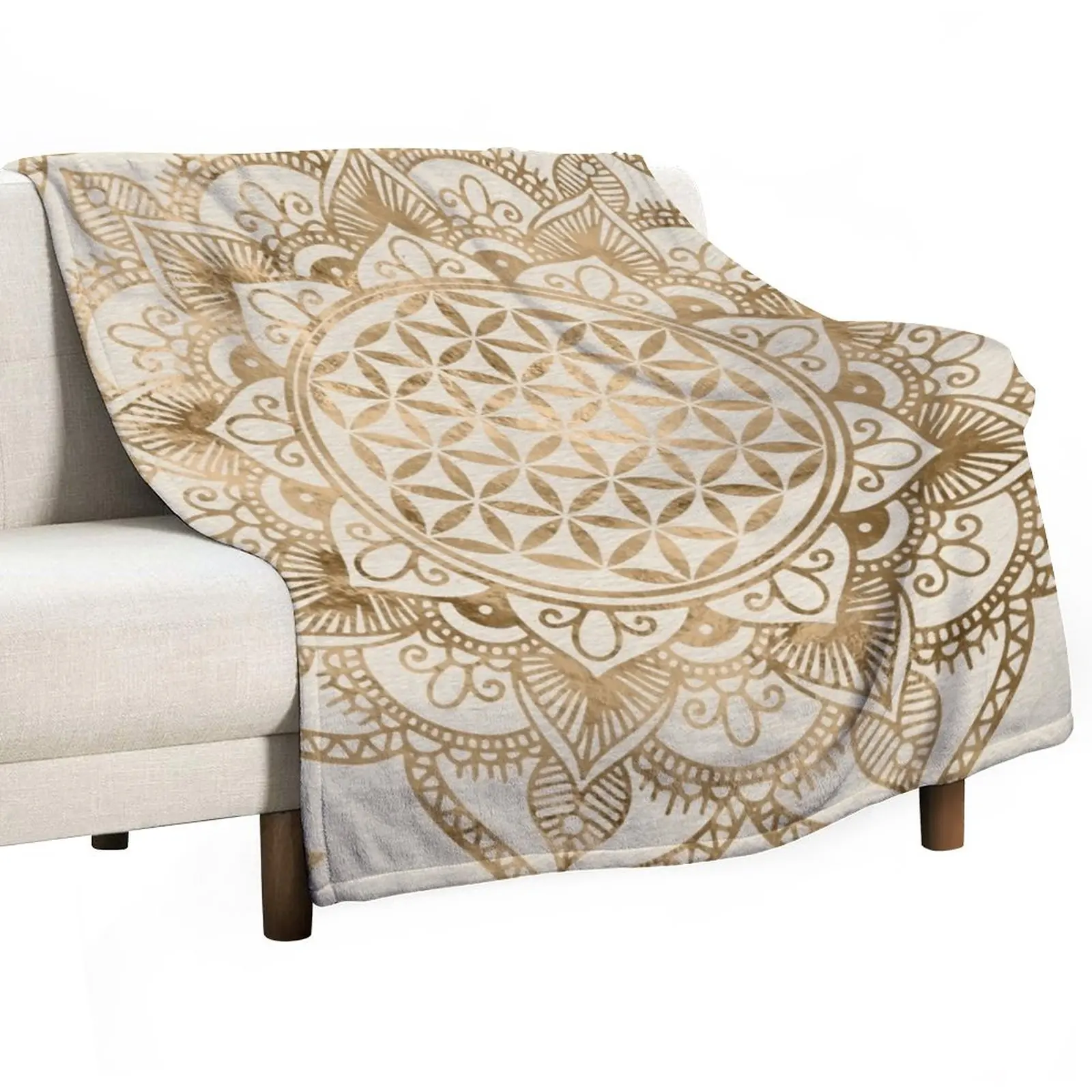 Flower of Life in Lotus - pastel golds and canvas Throw Blanket Sofa Throw Blanket Sofas Travel Blanket