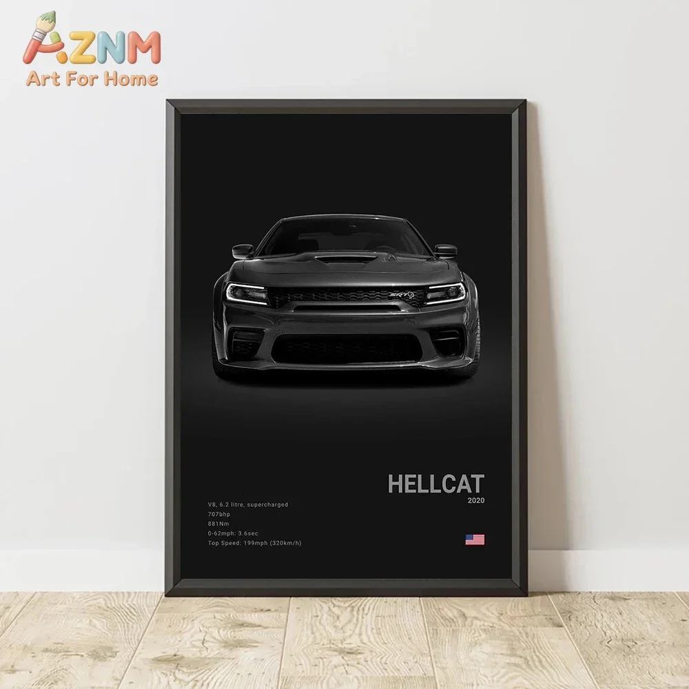 AZNM Dodge Hellcat Viper Canvas Wall Art Black White American Muscle Car Spec Poster Unframed Canvas Print for Garage Decor